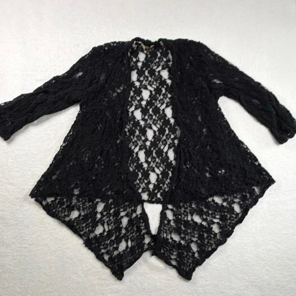 Cotton Black Lace Cardigan Gothic Whimsigoth Sheer Open Front Women's L